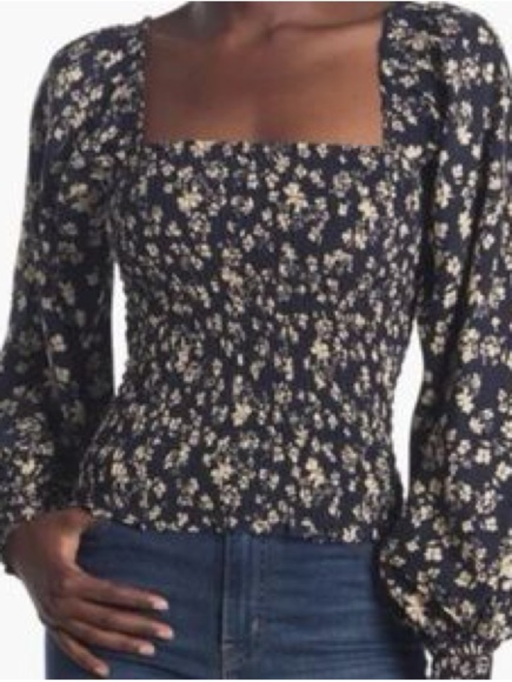 La Ligne Navy Floral Smocked Square-Neck Top